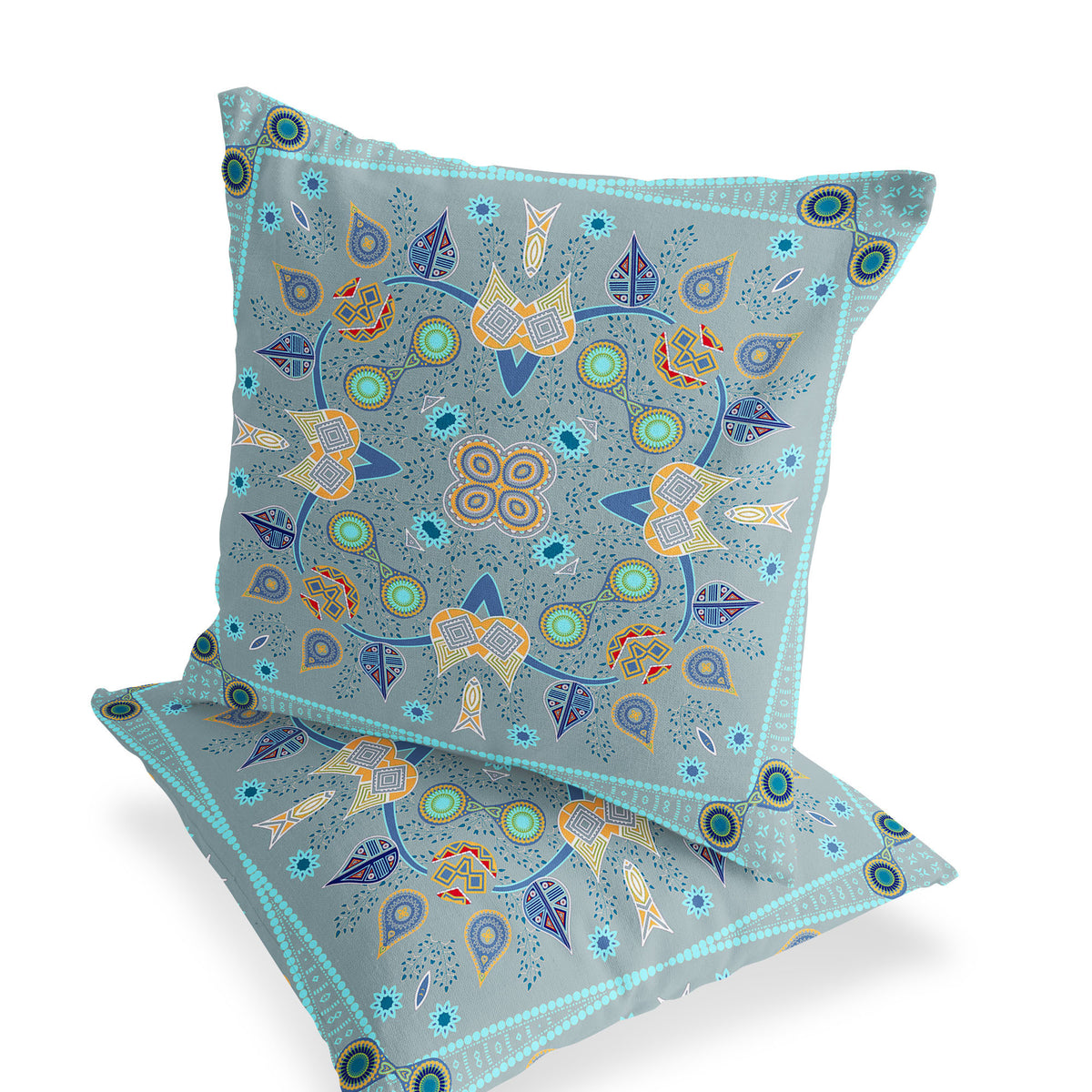 Set of Two 16" X 16" Blue and Gray Blown Seam Paisley Indoor Outdoor Throw Pillow