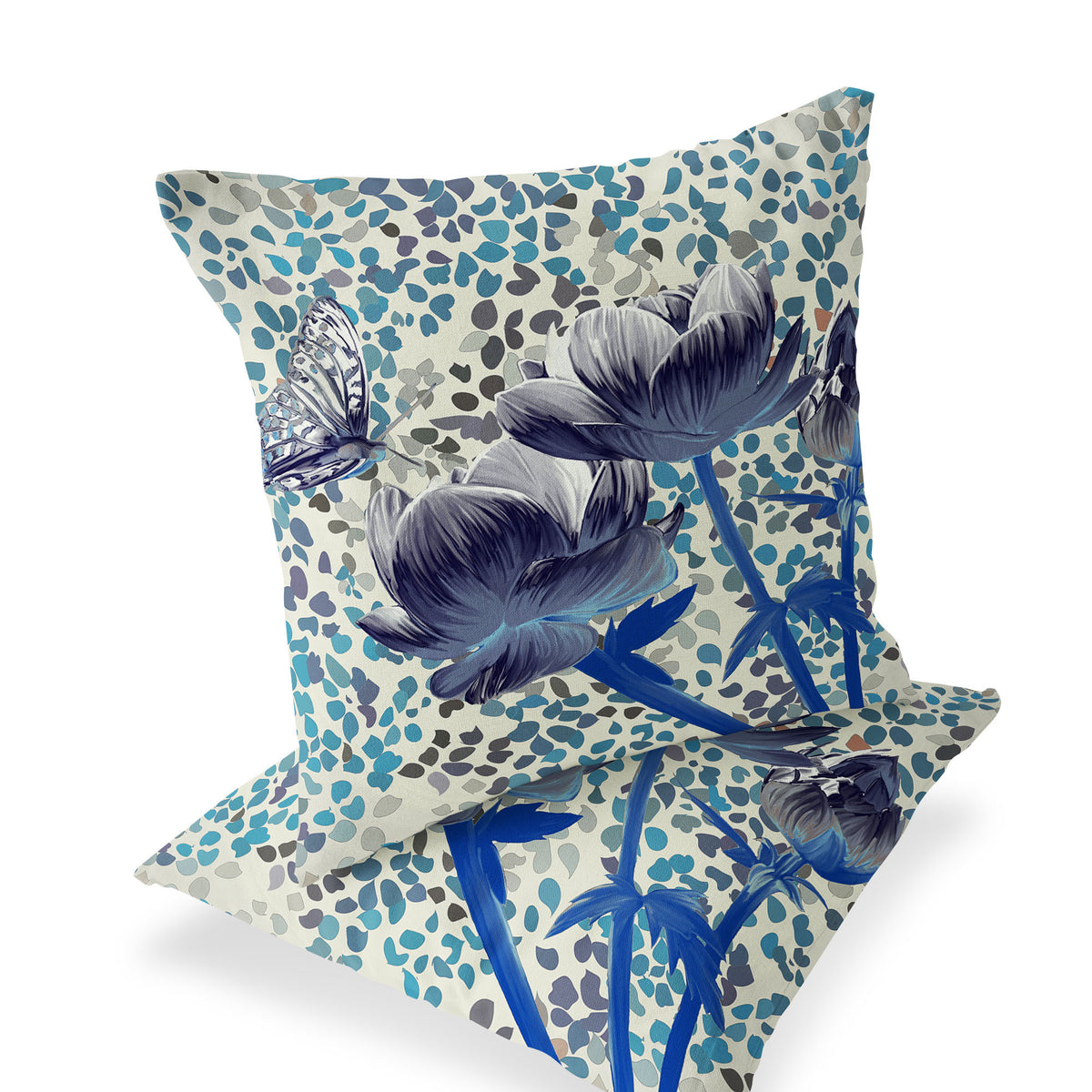 Set of Two 16" X 16" Blue and Gray Butterfly Blown Seam Floral Indoor Outdoor Throw Pillow