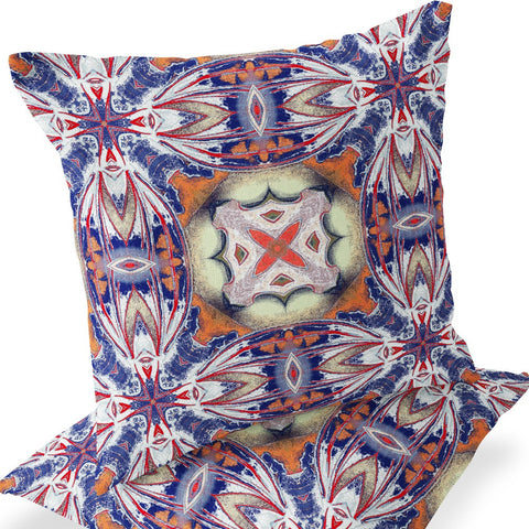 Set of Two 16" X 16" Blue and Orange Blown Seam Floral Indoor Outdoor Throw Pillow