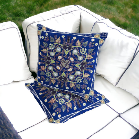 Set of Two 16" X 16" Blue and Green Blown Seam Paisley Indoor Outdoor Throw Pillow