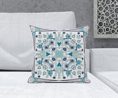 18" x 18" Blue and White Blown Seam Paisley Indoor Outdoor Throw Pillow