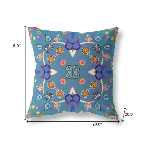 20" x 20" Blue and Gold Blown Seam Paisley Indoor Outdoor Throw Pillow