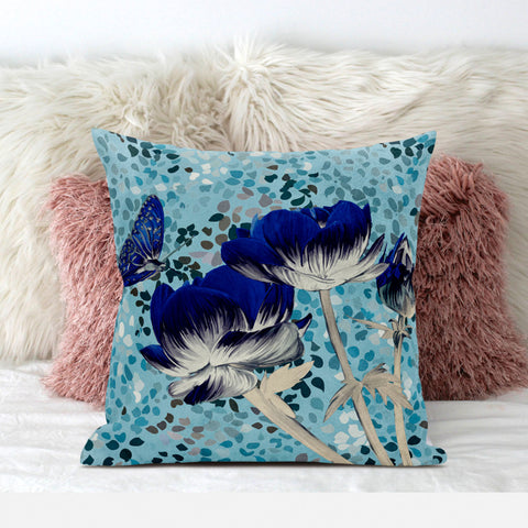 16" x 16" Blue Butterfly Blown Seam Floral Indoor Outdoor Throw Pillow