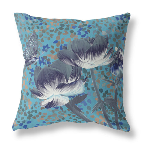 18" x 18" Blue and Green Butterfly Blown Seam Floral Indoor Outdoor Throw Pillow