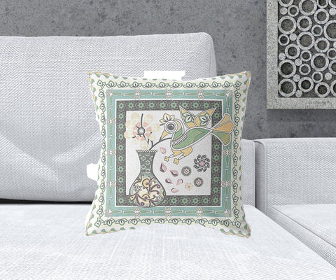 18" x 18" Green and White Bird Blown Seam Floral Indoor Outdoor Throw Pillow