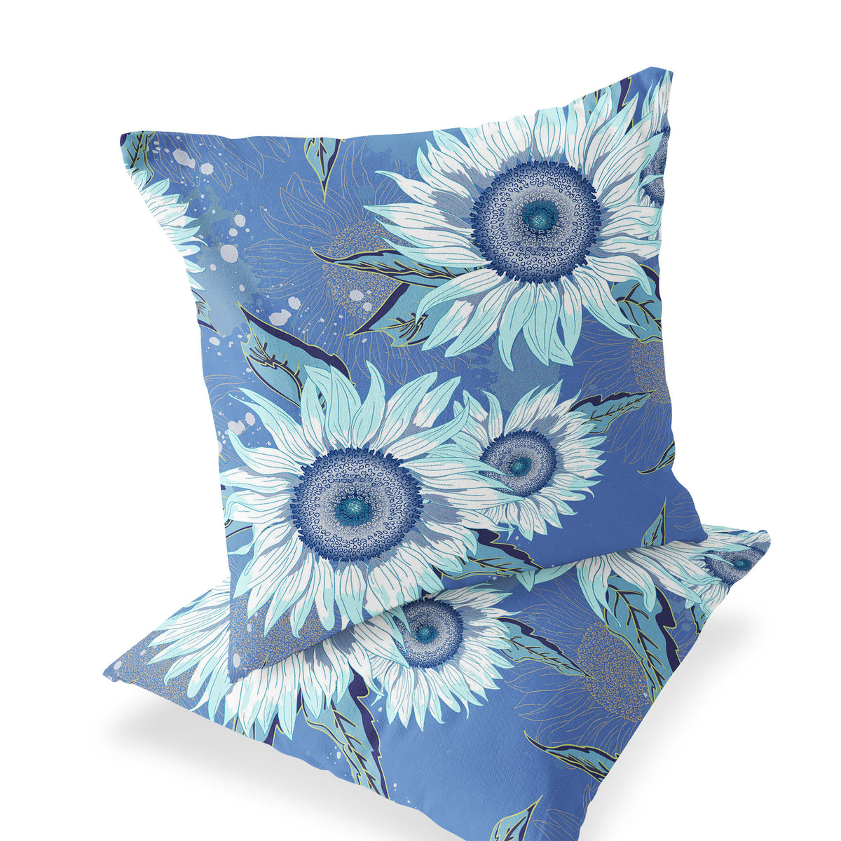 Set of Two 16" X 16" Blue and White Blown Seam Floral Indoor Outdoor Throw Pillow