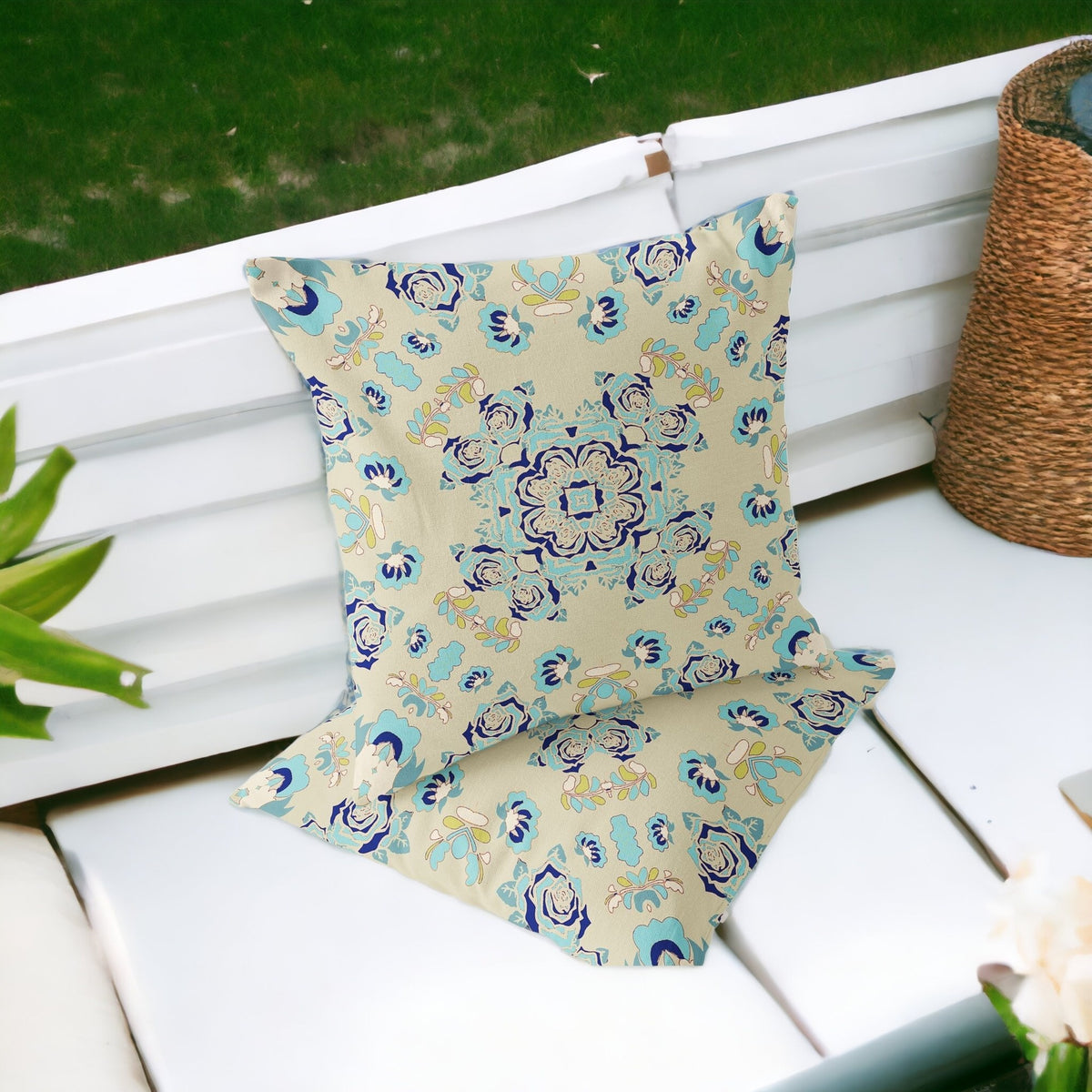 Set of Two 16" X 16" Blue and Off White Blown Seam Floral Indoor Outdoor Throw Pillow