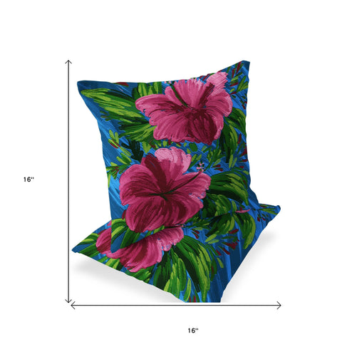 Set of Two 16" X 16" Blue and Pink Blown Seam Floral Indoor Outdoor Throw Pillow