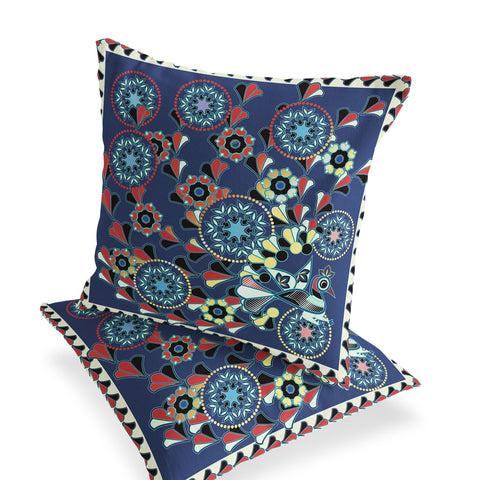 Set of Two 16" X 16" Blue and Off White Peacock Blown Seam Floral Indoor Outdoor Throw Pillow