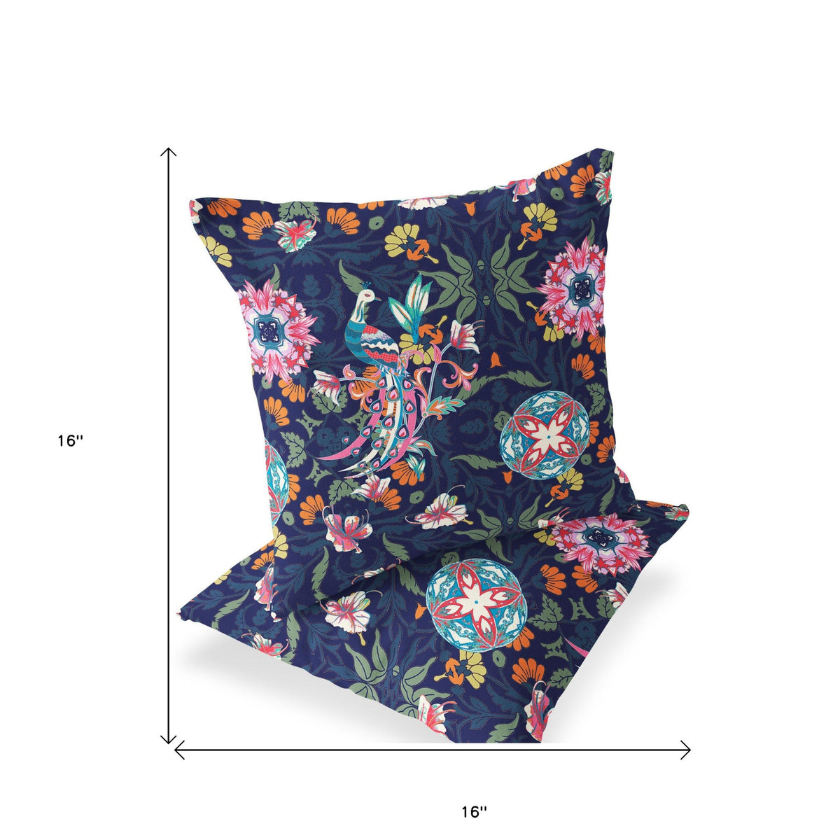 Set of Two 16" X 16" Blue and Pink Peacock Blown Seam Eclectic Indoor Outdoor Throw Pillow