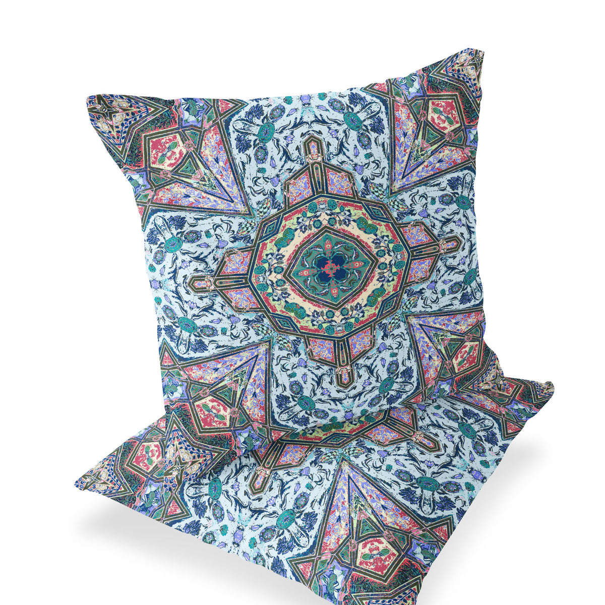 Set of Two 16" X 16" Blue and Pink Blown Seam Floral Indoor Outdoor Throw Pillow