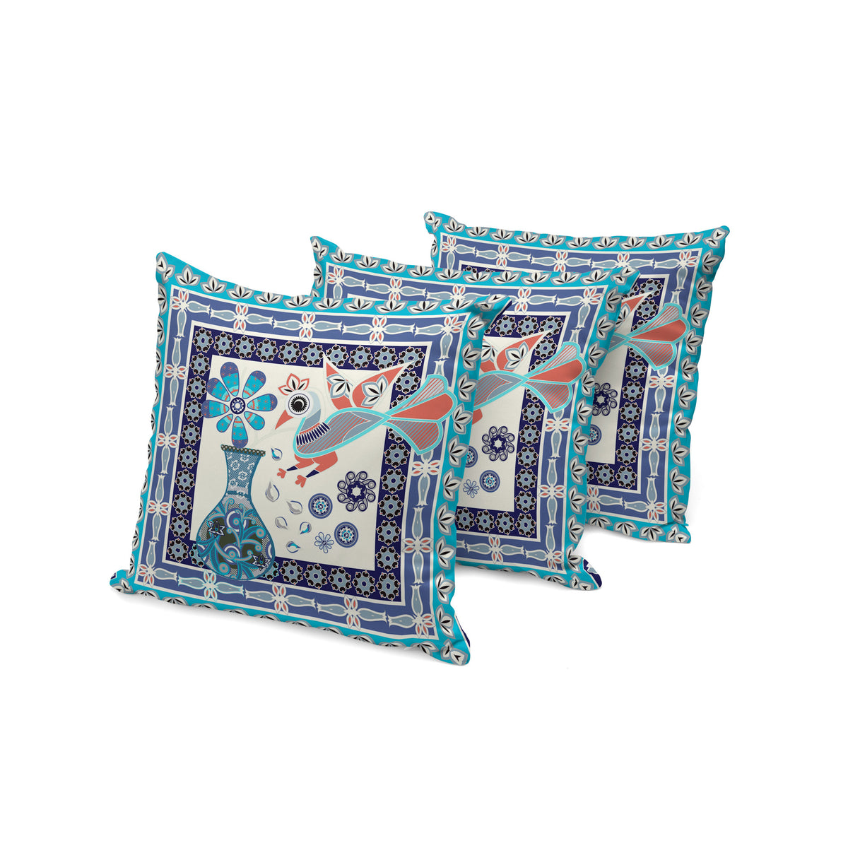 Set of Three 16" X 16" Blue and Off White Peacock Blown Seam Floral Indoor Outdoor Throw Pillow