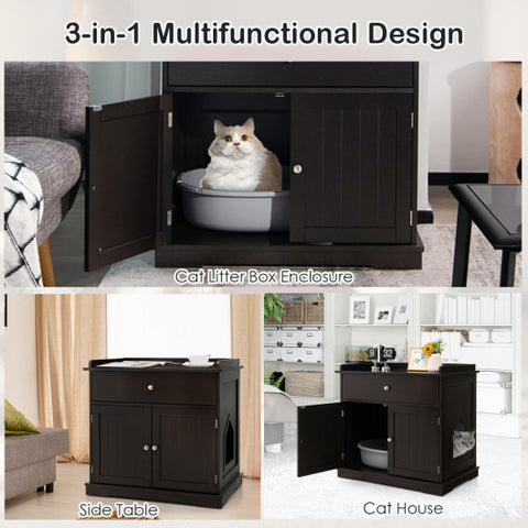 Wooden Cat Litter Box Enclosure with Drawer Side Table Furniture-Brown