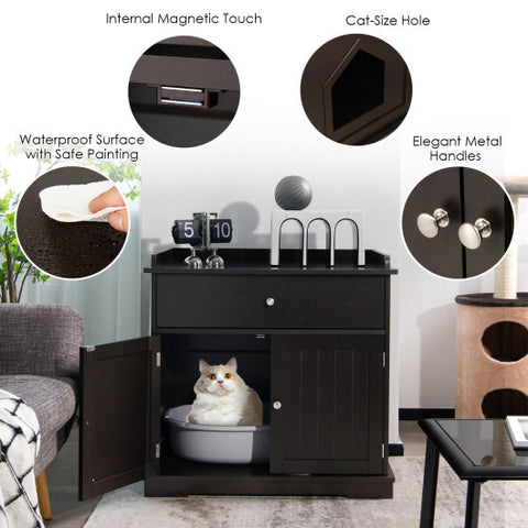 Wooden Cat Litter Box Enclosure with Drawer Side Table Furniture-Brown