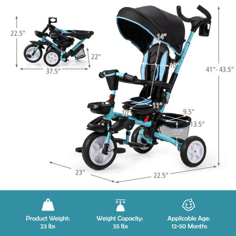 6-in-1 Detachable Kids Baby Stroller Tricycle with Canopy and Safety Harness-Blue