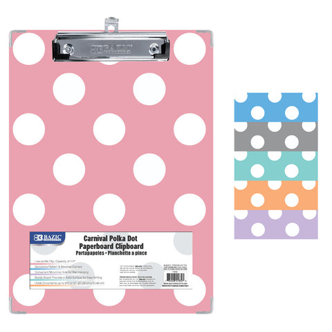 Paperboard Clipboard with Low Profile Clip, Standard Size, Carnival Polka Dot Assorted, Pack of 6