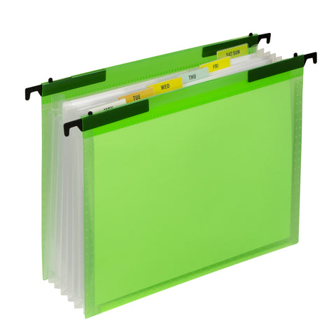 Expanding File Folder, 7-Pocket, Hanging Tabs, Bright Green, Pack of 3