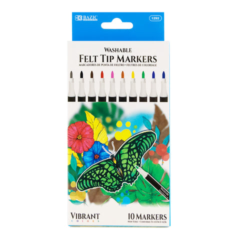 Felt Tip Washable Markers, 10 Colors, 10 Per pack, 12 Packs