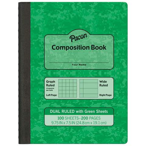 Dual Ruled Composition Book, Green, 1/4 in grid and 3/8 in (wide) 9-3/4" x 7-1/2", 100 Sheets, Pack of 6