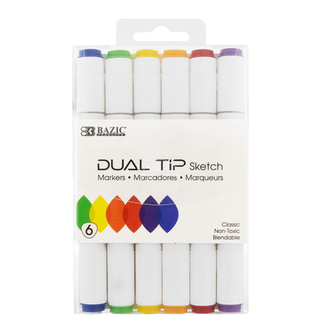 Dual Tip Sketch Markers, Primary Colors, 6 Per Pack, 3 Packs