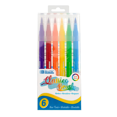 Washable Brush Markers, Classic Colors, 6 Per Pack, 12 Packs