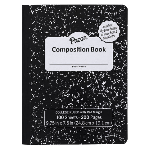 Composition Book, Black Marble, 9/32 in ruling with red margin 9-3/4" x 7-1/2", 100 Sheets, Pack of 6