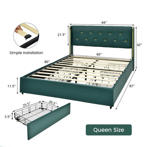 Queen Size Green/Gold Linen Headboard 4 Drawer Storage Platform Bed