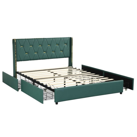 Queen Size Green/Gold Linen Headboard 4 Drawer Storage Platform Bed