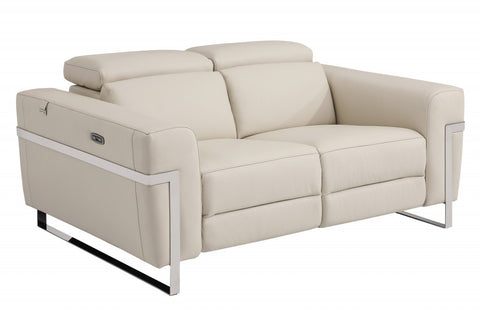 65" Beige Italian Leather and Stainless Reclining Love Seat