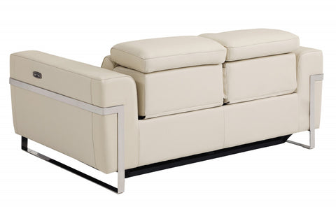 65" Beige Italian Leather and Stainless Reclining Love Seat