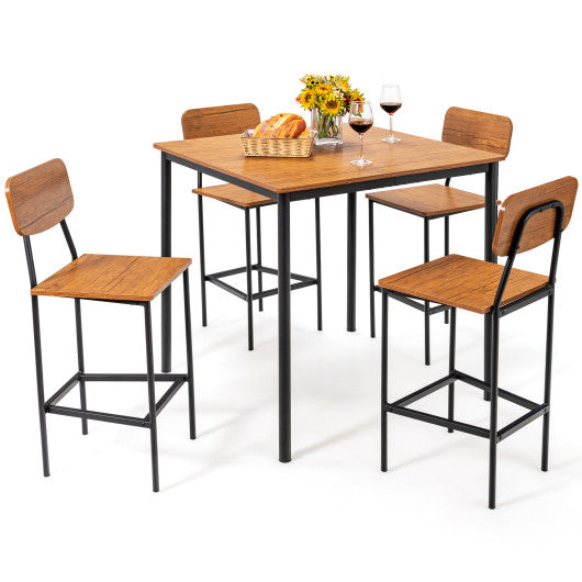 Costway 5-Piece Industrial Dining Table Set with Counter Height Table and 4 Bar Stools Walnut