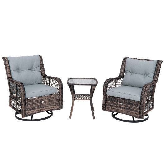 3 Pieces Outdoor Swivel Rocker Set with Small Side Table-Gray