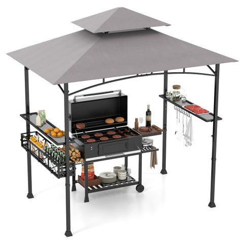 8 x 5 FT Outdoor Grill Gazebo with 2 Side Shelves and 20 Hooks-Gray