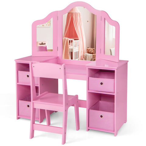 Kids Vanity Table and Chair Set with Removable Mirrors and 4 Storage Bins-Pink