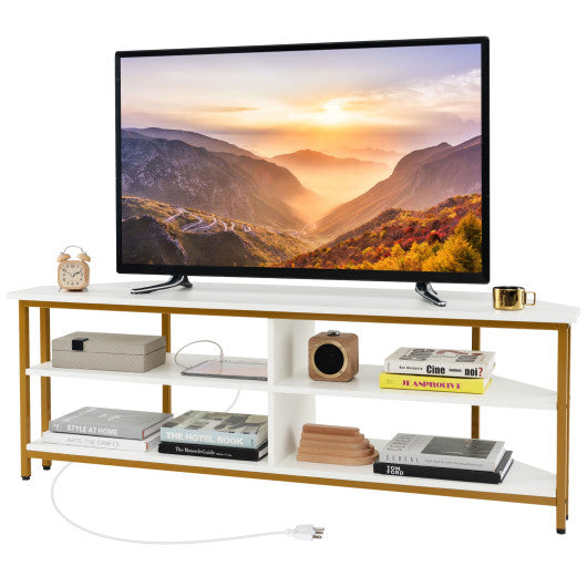 3-Tier Corner TV Stand for TVs up to 65 Inches with Charging Station- White