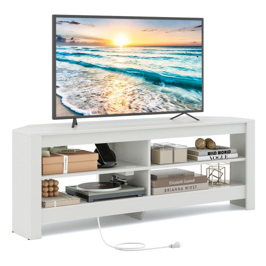 Corner TV Stand with Power Outlet and 4 Open Storage Shelves-White