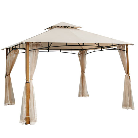 12 x 10 Feet Outdoor Patio Gazebo with Netting and 2-Tier Canopy Roof-Beige