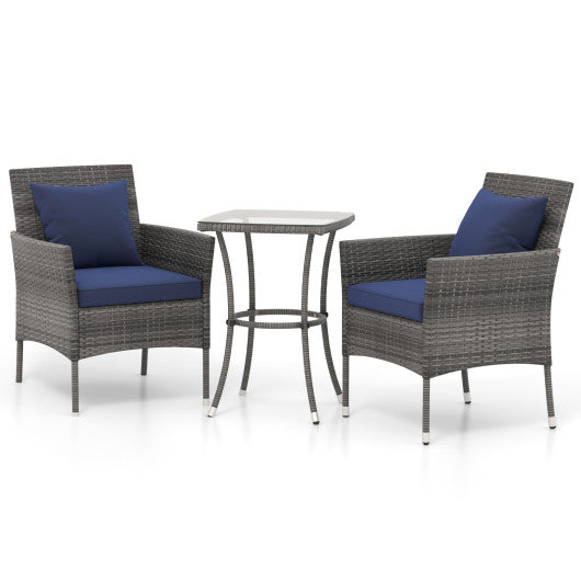 3 Pieces Patio Furniture Set with Cushioned Patio Chairs and Tempered Glass Coffee Table-Navy