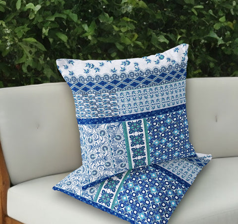 Set of Two 18" Blue Botanical Indoor Outdoor Throw Pillow Cover and Insert