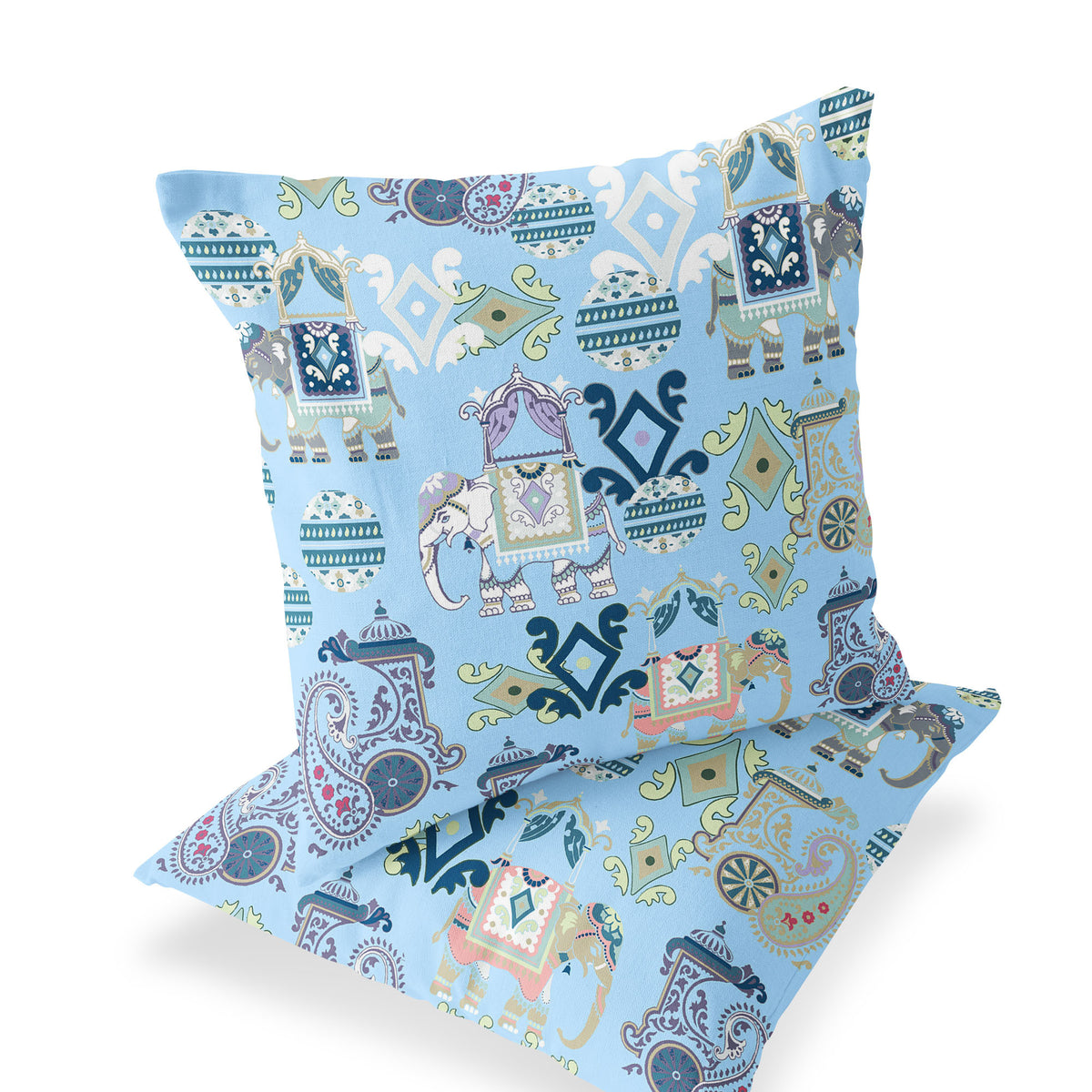 Set of Two 18" Blue Elephant Abstract Indoor Outdoor Throw Pillow Cover and Insert