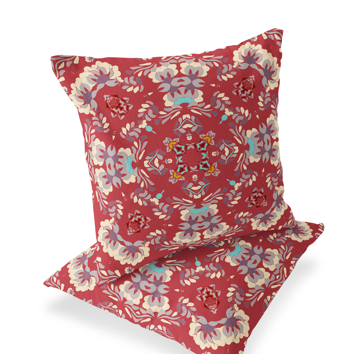 Set of Two 18" Red Geometric Indoor Outdoor Throw Pillow Cover and Insert