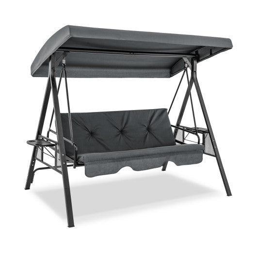 Convertible 3-Seat Patio Porch Swing Chair to Flat Bed with Adjustable Canopy-Gray