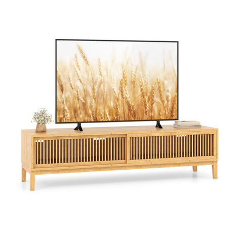 Bamboo TV Stand for TVs up to 65 Inches with Sliding Slatted Doors-Natural