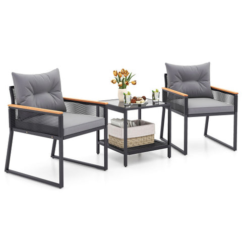 3 Pieces Patio Furniture Set with 2 Tier Coffee Table and Soft Seat Cushions-Gray