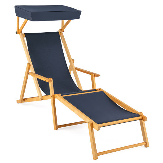 Birch Wood Chaise Lounge Chair Foldable Beach Chair with Adjustable Canopy-Navy