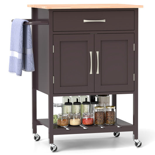 Rolling Kitchen Island Cart with Drawer and Towel Rack-Brown