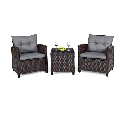 3 Pieces Rattan Patio Furniture Set with Washable Cushion-Gray