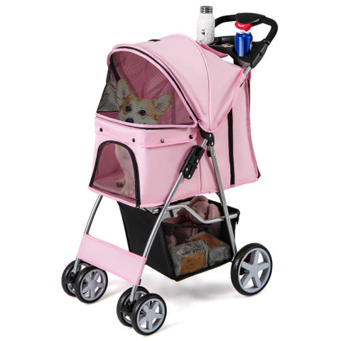 Folding Pet Stroller with Storage Basket and Adjustable Canopy-Pink