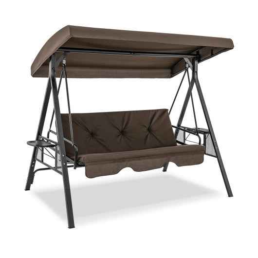 Convertible 3-Seat Patio Porch Swing Chair to Flat Bed with Adjustable Canopy-Brown