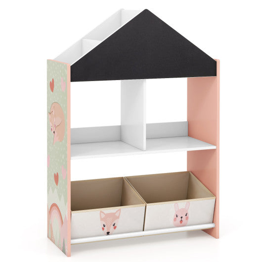 Playhouse Kids Bookshelf with Chalkboard and Whiteboard for 3-6 Years-Pink